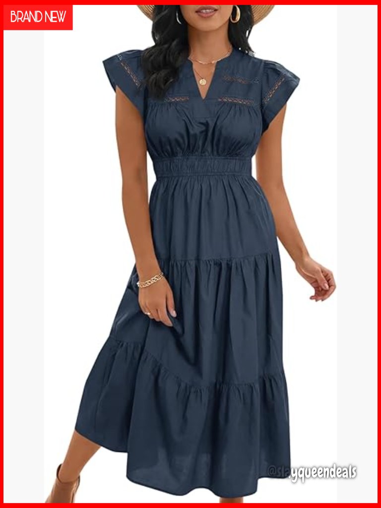 Women's Midi Dress V-Neck Short Sleeve Lace Elastic Waist Boho Beach Vacation